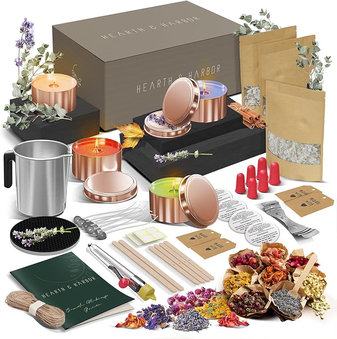 Hearth & Harbor Organic Soy Candle Making Kit for Adults, DIY Crafts, Complete Candle Making Supplies Include Natural Soy Wax, Tins, Dried Flowers, Wicks & More – Gift Idea, Perfect Home Decor – 2 Lbs