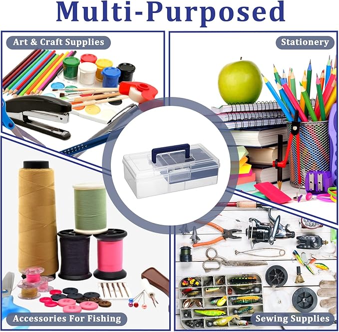 JUXYES Plastic Carry Storage Box with Removable Dividers, Clear Art Craft Supply Storage Bin Sewing Box with Handle Lid, 2 Layers Stationery Storage Case for School/Office Supplies