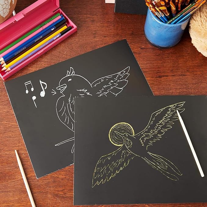 Bright Creations Scratch Art Paper - 8.5 x 11 in, 38 Pieces, Gold & Silver Foil - Metallic Scratch Art Paper Featuring Wooden Styluses & Stencils for Kids & Adults