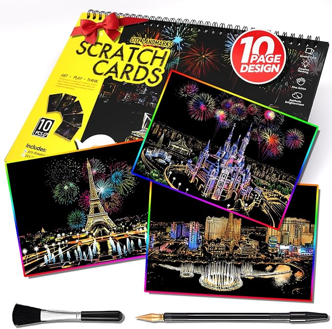 Scratch Art Book(A4-10Page) for Adults & Teens – ASMR Stress-Relieving Scratch Off Art | Paint by Scratch Kit Set | Travel Landmarks & Engraving Art | Creative Gift for Adults (Colorful City Series A)