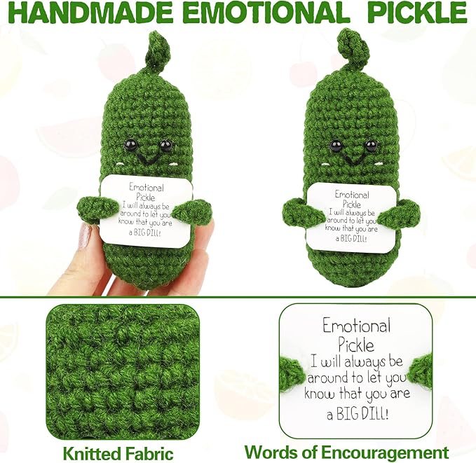 Hoedia Handmade Emotional Pickle Gift, Cucumber Crochet Doll Inspirational Gifts with Cards, Cute Knitted Funny Support Potato Friend Birthday Mothers Day Easter Basket Stuffers (Emotional Pickle)