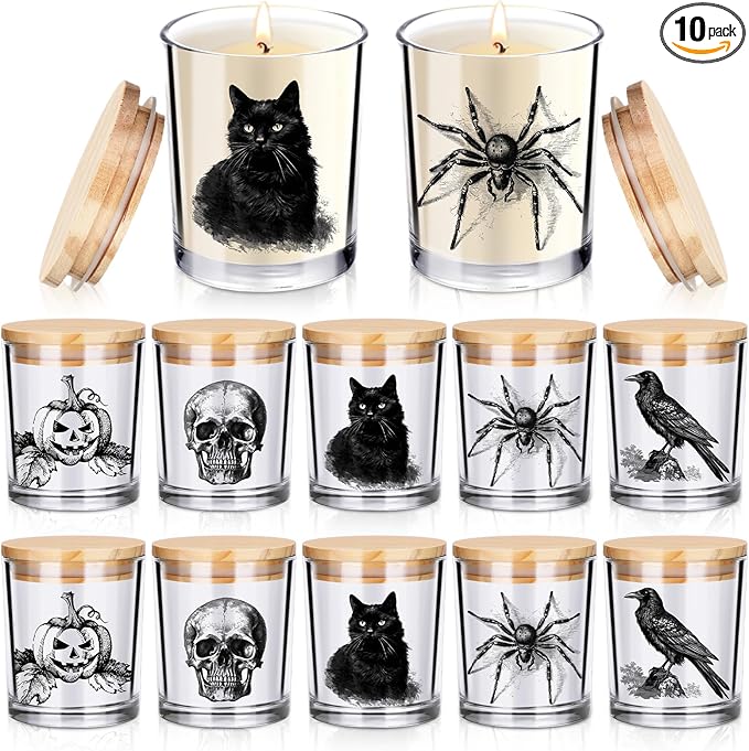 Ziliny 10 Pcs Halloween Horror Glass Candle Jars Empty Containers Bulk 7 oz Halloween Glass Jars with Cork Lids Tins for Holiday Candle Making Storing Biscuits Tea Party Favors Decorations