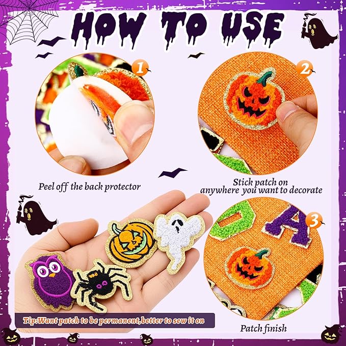 72 Pcs Autumn Halloween Patches Chenille Halloween Letter Patch Self Adhesive Embroidered,Include 52 A-Z Letters Patches,20 Pumpkin Ghost Skeleton Witch Hat Spider Gravestone Sew on Patch Stickers