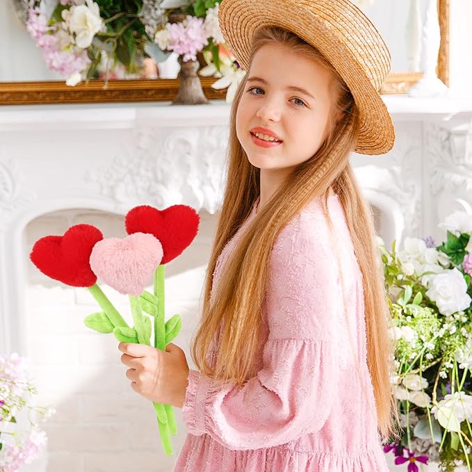 10 Pcs Plush Heart Flower Stuffed Bendable Stems Plush Bouquet Toy Soft Rose Flower 12.6 Inch for Christmas 2025 Mother's Day Girl Girlfriend Wife(Red and Pink Heart)