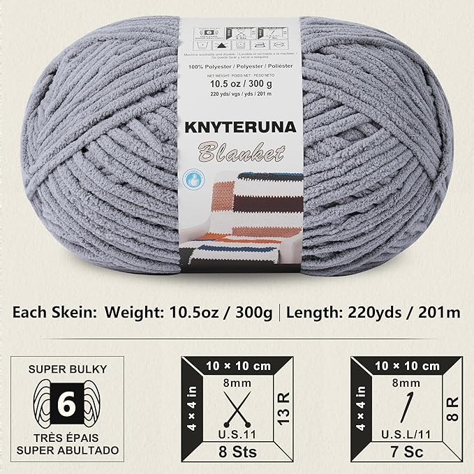 #6 Super Bulky Blanket Yarn for Crocheting - 4 Skeins(Each 10.5oz/300g, 220yds/201m), Chunky Chenille Thick Plush Big Soft Yarn for Crocheting Knitting Blankets, Light Grey