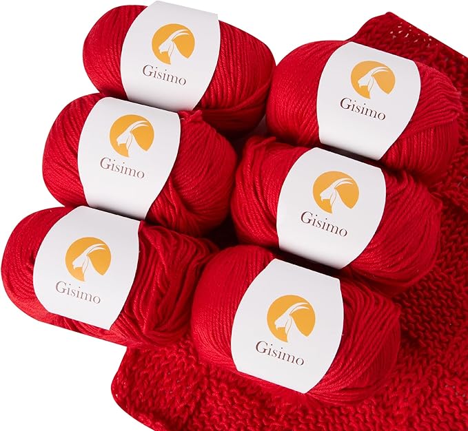 6 Balls Merino Wool Yarn, 12-Ply Luxurious and Soft Yarn for Hand Knitting & Crocheting, 1.76 OZ/50g, 120 yds/110 Meters(Red,6Balls)