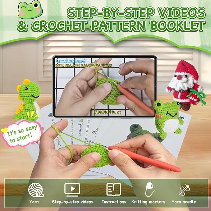 Alutaba 6Pcs Crochet Kit for Beginners, Crochet Animal Kits for Adults with Step by Step Videos Tutorials, Knitting Kit for Crochet Lovers Great Birthday Holiday Gift, DIY Handmade Gifts