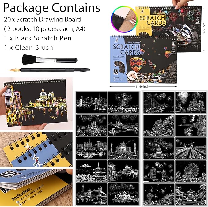 Scratch Art Book(A4-20Page) for Adults & Teens – ASMR Stress-Relieving Scratch Off Art | Paint by Scratch Kit Set | Travel Landmarks & Engraving Art | Creative Gift for Adults (Rainbow City Series)