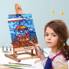 Falling in Art Painting Set for Kids with Table Easel-Acrylic Painting Starter Kit with Art Smock, 12 Acrylic Paints, 12 Water Soluble Colored Pencils, Paint Brushes, Canvas Panels and Watercolor Pad