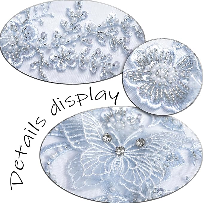 Flower Pearl Fabric Rhinestones Beaded Lace Applique,3D Butterfly Embroidered Lace Patch for Clothes,Dress (Light Blue)