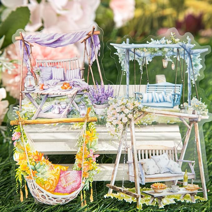 TIAMECH Swing Flower Girl PET Stickers - 60 Pcs Gentle Breeze & Chair Basket Swaying Design, Waterproof Sticker for Journaling & Scrapbooking, Junk Journal Supplies, Ephemera & DIY Crafts