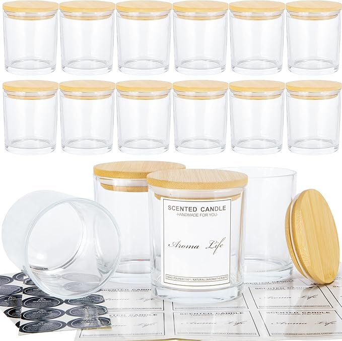 Creahaus 10oz, 16 Pack Thick Candle Jars with Bamboo Lids for Making Candles, Bulk Clear Empty Glass Candle Containers & Sticky Labels, Warming Labels Kit, Heat Resistant Candle Vessels