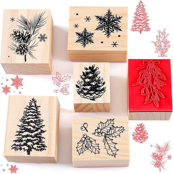 Watersay 6 Pcs Christmas Rubber Stamp Set Merry Christmas Wooden Rubber Stamp Snow Tree Stamps Vintage Wooden Rubber Art Stamps for Crafting and DIY Scrapbooking Card Making Hand Book(Pattern)