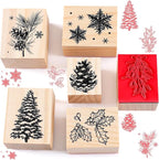 Watersay 6 Pcs Christmas Rubber Stamp Set Merry Christmas Wooden Rubber Stamp Snow Tree Stamps Vintage Wooden Rubber Art Stamps for Crafting and DIY Scrapbooking Card Making Hand Book(Pattern)