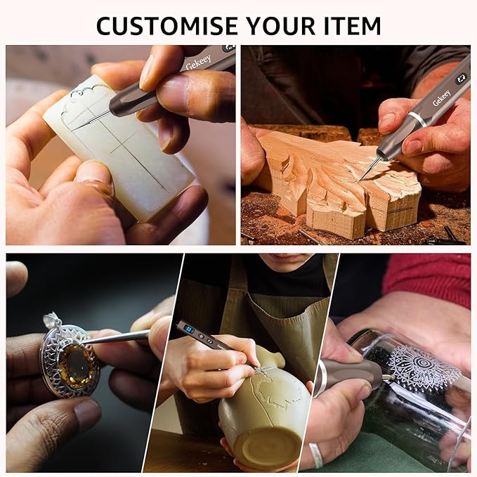 Gekeey Electric Engraving Pen, Cordless Rechargeable Mini Rotary Tool with 42 Bits, Aluminum Body, Variable Speed, Portable Engraver Pen for Metal Wood Glass and Plastic, Brown