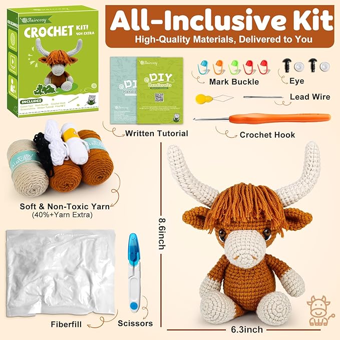 Faircosy Learn to Crochet Beginner Kit: All in One Highland Cow Crochet DIY Kit with Yarn, Crochet Hooks, Video Guide - Make Adorable Cow for Women, Teens & Adults - Great Learning Craft Gift