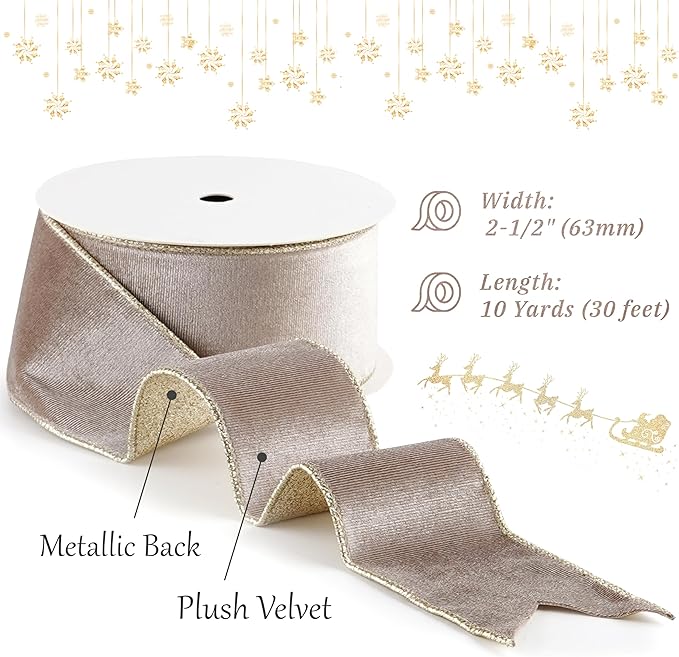 Taupe Velvet Wired Ribbon with Glitter Back 2.5 Inch Camel and Gold Christmas Ribbon Wired Taupe Ribbon for Christmas Tree, Gift Wrapping, Mantel, Wreaths Supplies, Topper Bows (10 Yards)