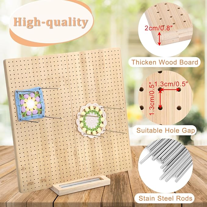 OGANAZI 17" Foldable Crochet Blocking Boards for Crochet Projects, Wooden Granny Square Blocking Board with 30 Pegs, Handcrafted Knitting Blocking Mat, Ideal Crocheting Accessories Gift for Crocheters