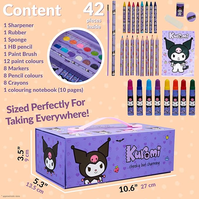 Hello Kitty Sanrio Kuromi Painting Art Supplies for Kids, Colored Pencils, Markers, Crayons, Kawaii Drawing Kit, Stationary, Art Kit, Gifts for Girls (Purple Kuromi 3 Tier)