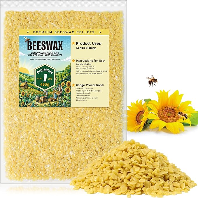 Beeswax Pellets for Candle Making – 1lb/5lb/20lb – Natural Beeswax for Candles, Lip Balms, and Skincare – Yellow Beeswax for DIY Projects – Ideal for Beginners and Experts（1lb）