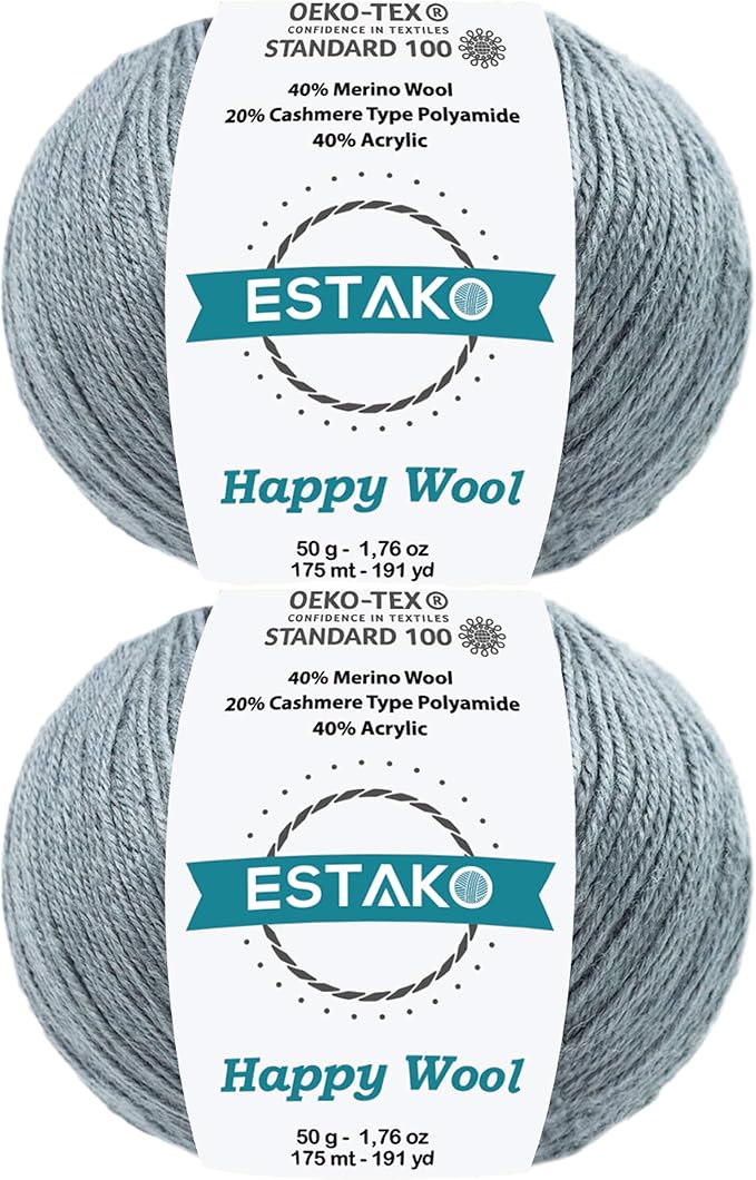 Estako Happy Wool (2 Skeins Pack) 40% Merino Wool 20% Cashmere Type Polyamide 40% Acyrlic Fingering Weight Soft Knitting and Crochet Yarn (2 x 1.76 oz) (2 x 191 yds) (8018 - Grey)