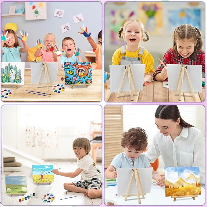 10Pack Canvas Boards and Easel Set for Painting,8x10 Inch Art Canvas with 10 Wooden Easels, 24 Brushes, 24 Acrylic Paints,10 Paint Trays,Painting Canvas for Acrylic Oil, Art Crafts,Party Painting Kits