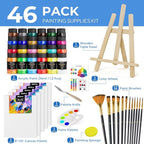 Nicpro Acrylic Paint Canvas Set for Adults, 46PCS Art Painting Supplies Kit with 24 Acrylic Paints(36ML), Table Wood Easel, 5 Canvas Panels, 12 Brushes, Paper Pad, Palette for Artist Beginner Students