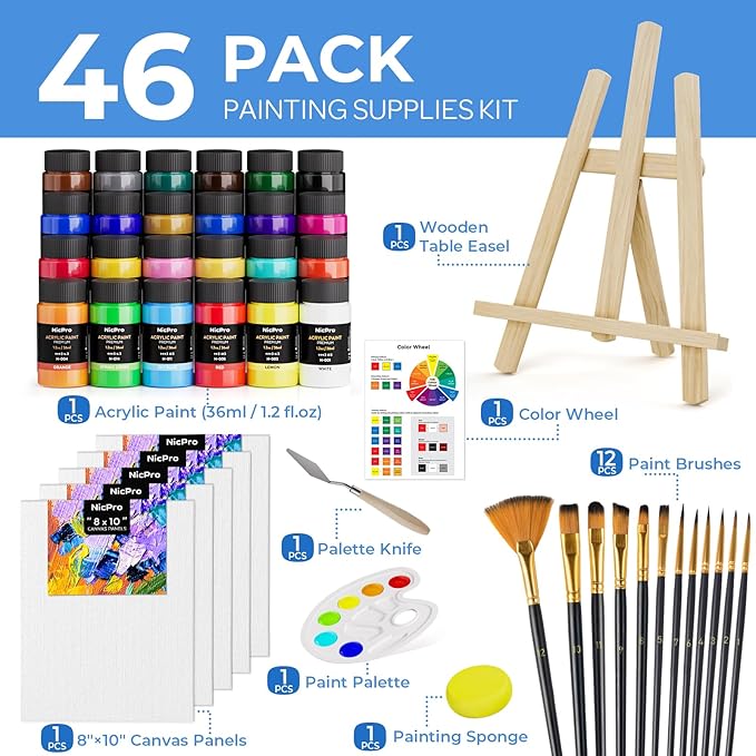 Nicpro Acrylic Paint Canvas Set for Adults, 46PCS Art Painting Supplies Kit with 24 Acrylic Paints(36ML), Table Wood Easel, 5 Canvas Panels, 12 Brushes, Paper Pad, Palette for Artist Beginner Students