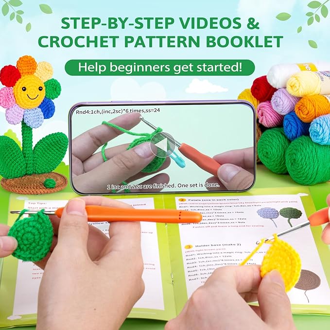 Crochetta Crochet Kit for Beginners, Crochet Kit w Step-by-Step Video Tutorials, Crochet Starter Kit Learn to Crochet Kits for Adults Kids Beginners, 2 Sunflower Phone Holders (40%+ Yarn Content)