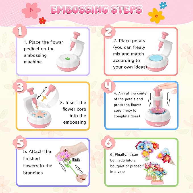 GirlsHome 300+PCS Fabric Flower Bouquets Toys, DIY Flower Crafts Kits for Kids, Arts and Crafts for Kids Ages 6-8 Girls, Flower Making Kit, STEM Educational Preschool Toy Christmas Gifts(White Pink)