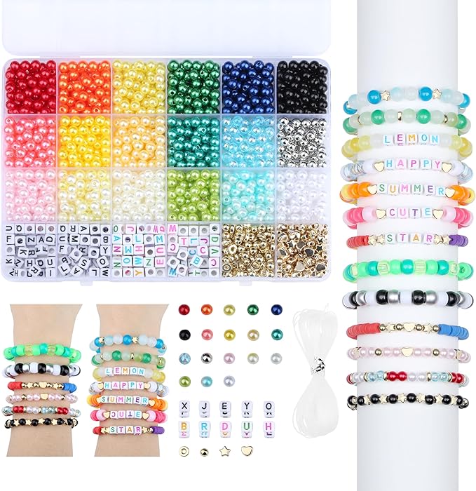 XIANNVXI 1260pcs Pearl Beads Kit for Friendship Bracelet 18color 6mm Colorful Pearl Kandi Letter Beads Kit for Jewelry Making DIY Crafts