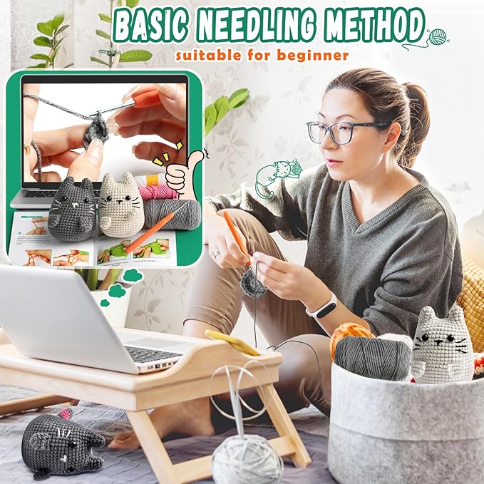 Faircosy Crochet Animals Kit for Beginners: Learn to Crochet Cats with Yarn, Hooks & Video Tutorials - DIY Amigurumi Starter Box - Perfect Christmas Holiday Gift for Teens & Adults