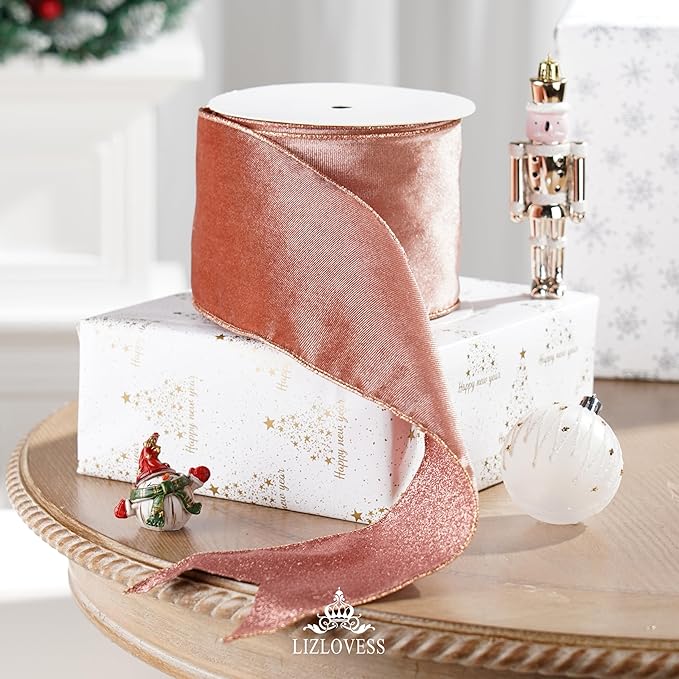 Rose Gold Velvet Wired Ribbon with Glitter Back 4 Inch Mauve Christmas Ribbon Wired Reversible Ribbon for Christmas Tree, Gift Wrapping, Crafts, Wreaths Supplies, Topper Bows (10 Yards)