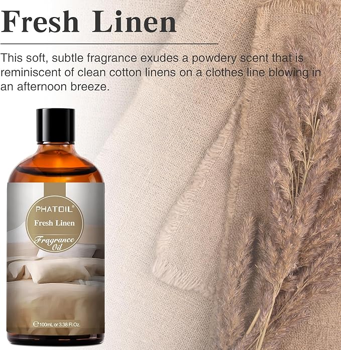 PHATOIL Fresh Linen Fragrance Oils for Aromatherapy, 3.38FL.OZ Diffuser Oils for Home, Perfect for Aromatherapy, Humidifiers, Yoga, DIY Candle and Soap Making - 100ml