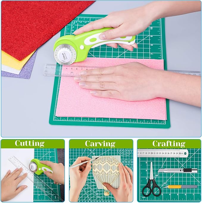 Rotary Cutter Set, Audab Self Healing Sewing Mats Rotary Cutter and Mat 45mm Rotary Fabric Cutter Set with 2 Blades Rotary Cutting Mat for Crafts Fabric Quilting Hobby (9" x 12" (A4))