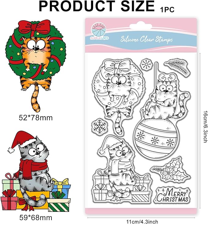 GLOBLELAND Christmas Comic Cat Clear Stamp for Card Making Cartoon Cats Silicone Stamps Merry Christmas Snowflakes Transparent Stamp for DIY Scrapbooking Embossing Journaling
