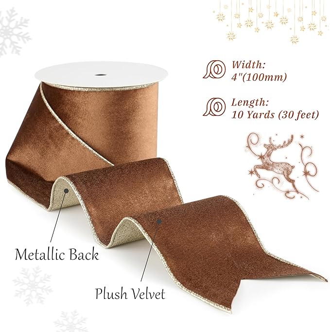 Brown Velvet Wired Ribbon with Glitter Back 4 Inch Camel Christmas Ribbon Wired Reversible Ribbon for Christmas Tree, Gift Wrapping, Crafts, Wreaths Supplies, Topper Bows (10 Yards)