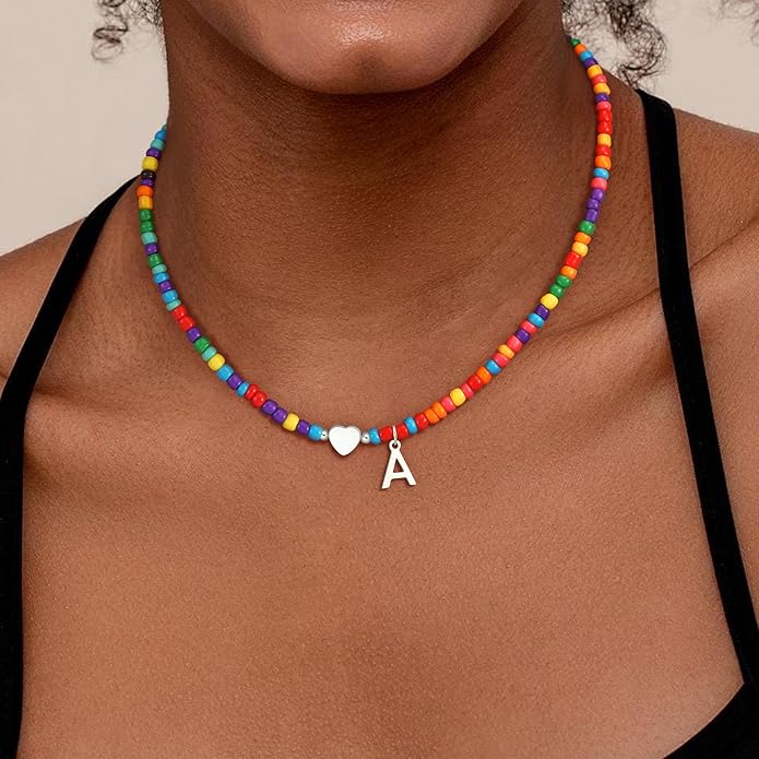 Christmas Gifts for Grandkids Teens Girls - Colorful Beaded Initial Necklace Teen Girl Gifts Trendy Stuff Dainty Letter Choker Necklace Stocking Stuffers for Teen Girls Women Jewelry