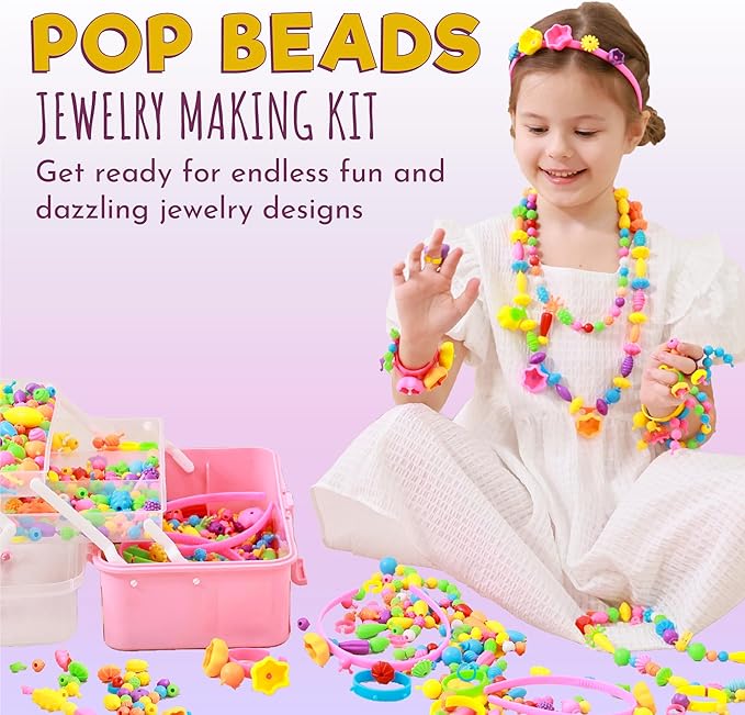 Orian Pop Beads Jewelry Making Kit for Girls – Extra-Large 850+ Piece Set with Hairbands, Bracelets & Rings – Snap Beads for Kids Ages 3+, DIY Jewelry Kit with Unicorn Gift Bag & XL Storage Case