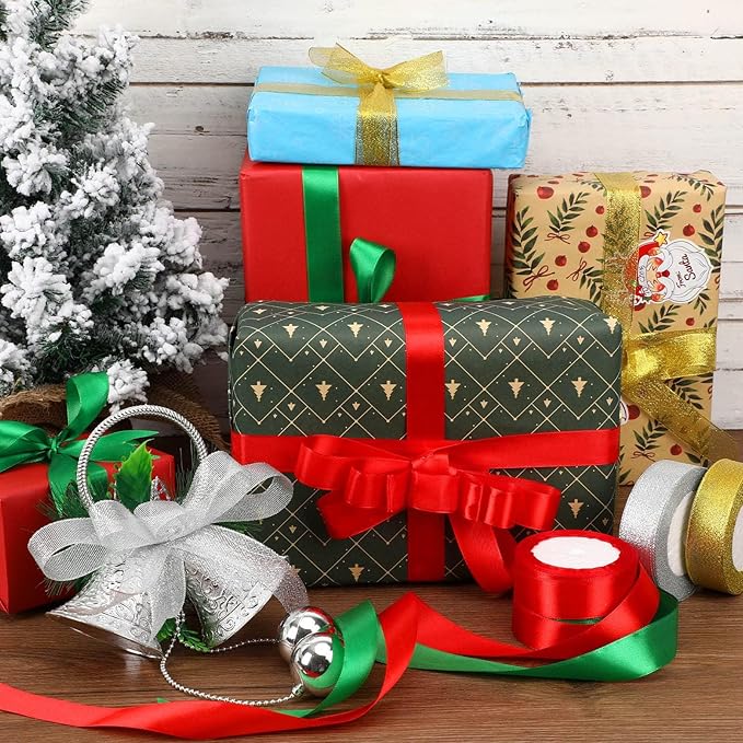 DECYOOL 4 Rolls 100 Yards Christmas Ribbons Metallic Glitter Fabric Holiday Festival Satin Ribbons 1Inch Wide for Gift Wrapping Decoration