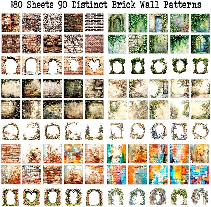 6 Small Scrapbook Sticker Books for Scrapbooking, 180 Sheets Retro Brick Wall Collage Materials- Paper PET Washi Stickers for Journaling, Junk Journal Supplies, Collage, Crafts