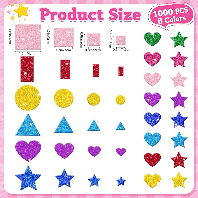 1000 Pcs Foam Stickers Glitter Shape Stickers Colorful Heart Stars Circle Sticker Self Adhesive Geometric Sticker for Kids Crafts Supplies Preschool DIY Art Project Scrapbooking Home Decor(Geometric)