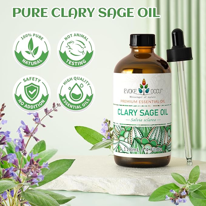 EVOKE OCCU Clary Sage Oil Essential Oil for Anxiety Relief, Moisturize Skin, Air Freshening, Add to Spray and Diffuser - 4 FL Oz