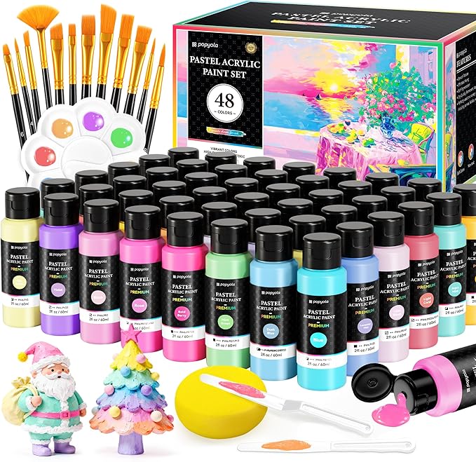 64 PCS Pastel Acrylic Paint Set with 12 Brushes, 2 Knives & Palette, 48 Colors (2oz/60ml) Art Craft Paint for Adults Kids Artists Beginners, Canvas Ceramic Rocks Wood Painting Kit Art Supplies