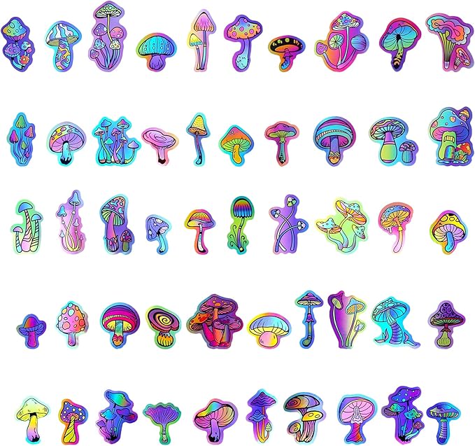 100 Pack Holographic Mushroom Stickers for Laptop Water Bottles Scrapbook, Mushroom Party Favors
