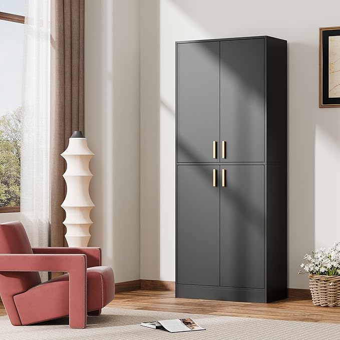 Cozy Castle Kitchen Pantry Cabinet, 71" Tall Wood Storage Cabinet with Doors and Shelves 4 Doors Freestanding Cupboard for Dining Room Living Room Bathroom Furniture, Black