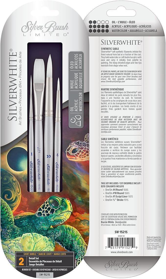 Silver Brush Limited SW-1521S Silverwhite Detail Set, 4pc Short Handle Professional Premium Artist Painting Set for Watercolor, Gouache, Inks, Dyes, Acrylics, Script Liner, Stroke, and Round Brushes