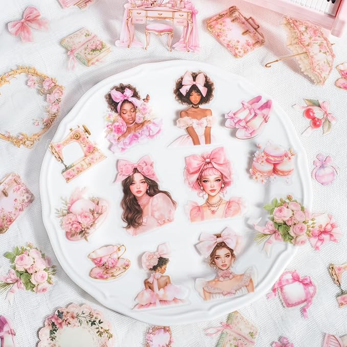 TIAMECH Pink Dream Girl PET Stickers - 100 Pcs Reading Time Lace Girl Maidens Sweetheart Design, Waterproof Sticker for Journaling & Scrapbooking, Junk Journal Supplies, Ephemera & DIY Crafts
