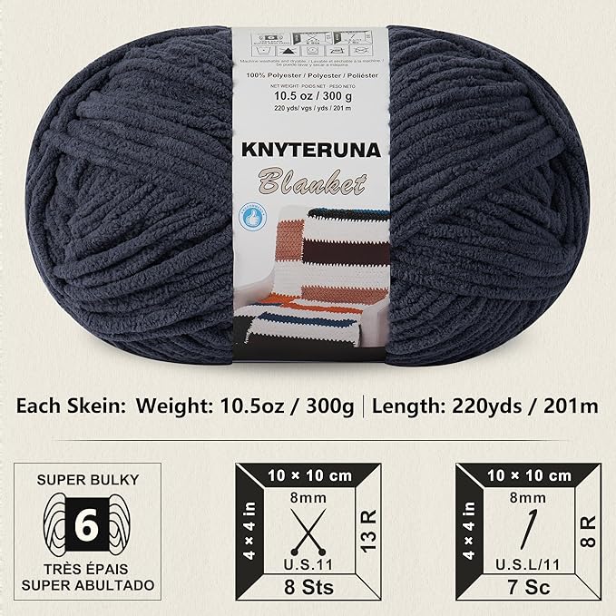 #6 Super Bulky Blanket Yarn for Crocheting - 4 Skeins(Each 10.5oz/300g, 220yds/201m), Chunky Chenille Thick Plush Big Soft Yarn for Crocheting Knitting Blankets, Charcoal Grey