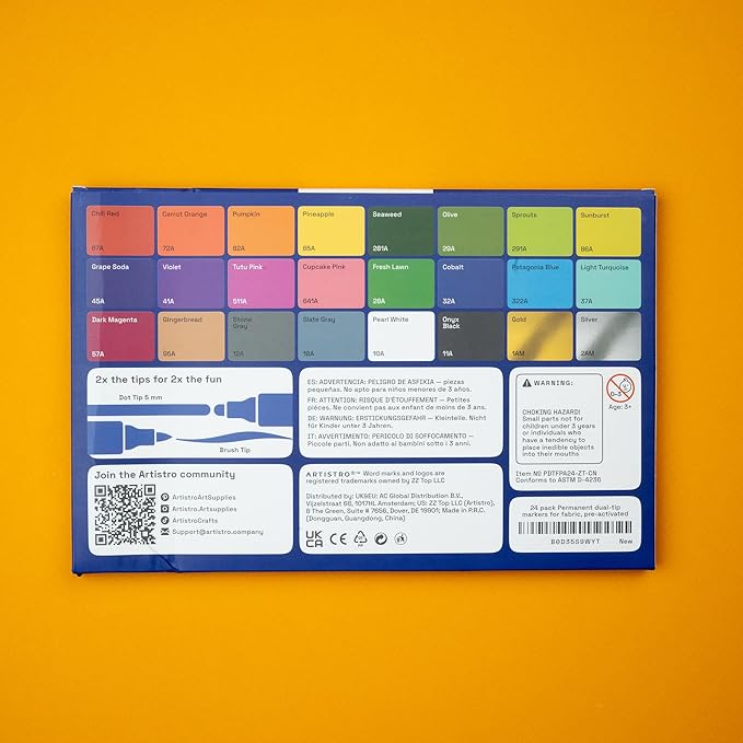 ARTISTRO 24 Dual-Tip Fabric Markers - Fabric Decorating Kit - Permanent for Clothes - Acrylic Paint Pens for Sneakers, Bags, Shoes, Textile, Canvas, Sewing, Craft, DIY, and More - Brush and Fine Tip